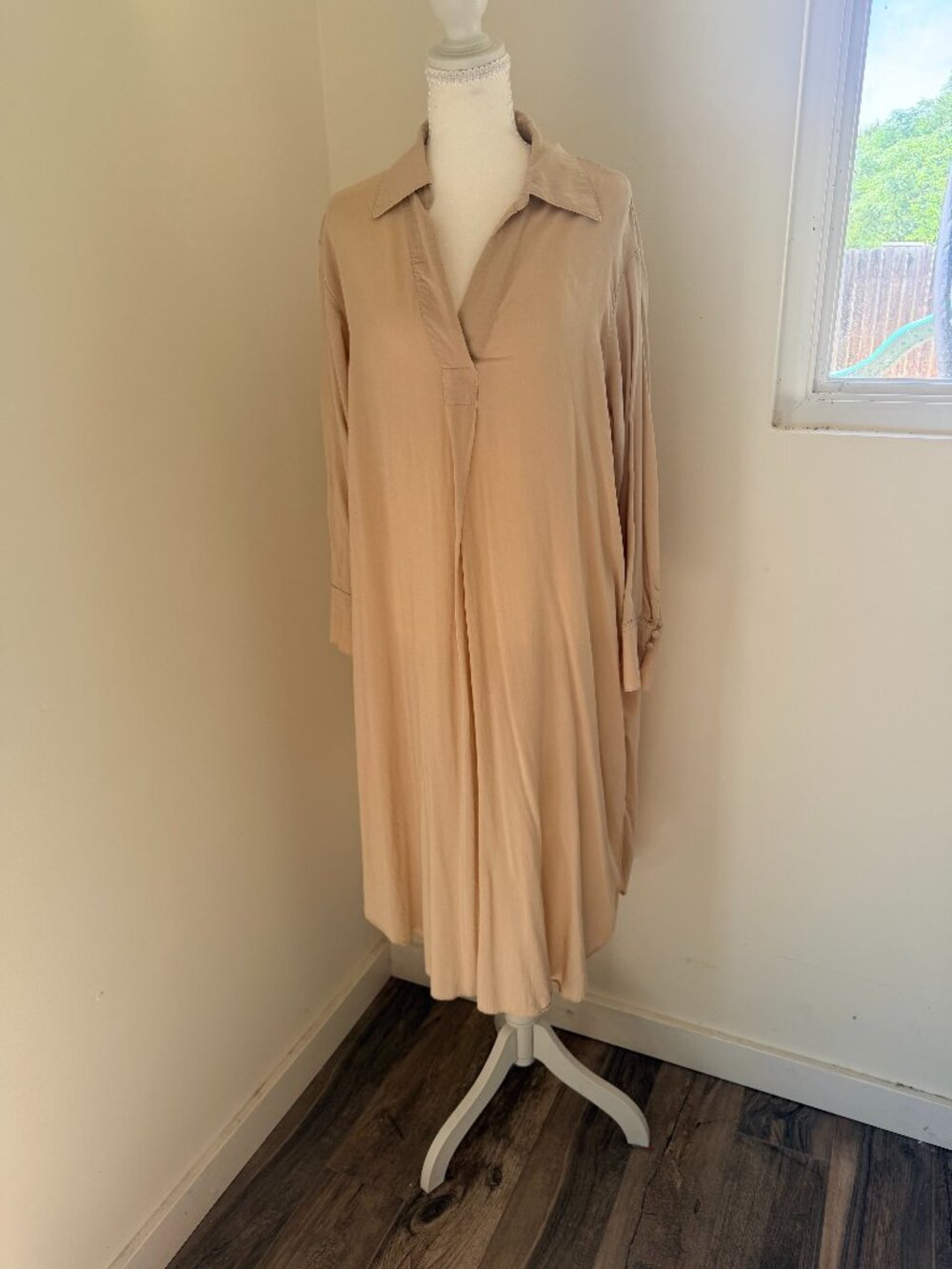 H&M Beige Lyocell Blend Midi Shirt Dress - Relaxed Fit S